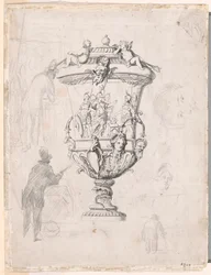 Figure Studies Around an Engraving of an Ornamental Vase