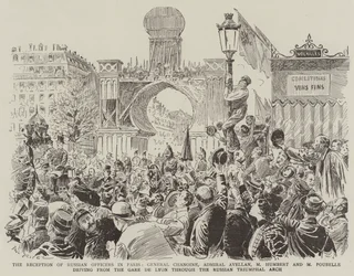 The Reception of Russian Officers in Paris, General Chanoine, Admiral Avellan, M Humbert and M Poubelle driving from the Gare de Lyon through the Russian Triumphal Arch