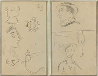 A Caricature and Five Forms; A Man in Profile, a Winged Creature and a Boy