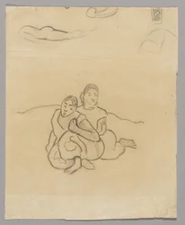 Fragments of Bodies, a Decorative Design and Two Crouching Tahitian Women in a Landscape Related to Nafea Faaipoipo