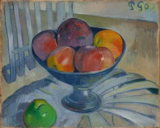 Fruit bowl on a garden chair. Around 1890