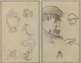 Studies of Jugs and Vases; A Man with Moustache and a Boy with a Hat