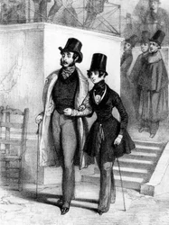 George Sand Dressed as a Student, and Her Lover Jules Sandeau in Paris, c. 1831, Engraving by Paul Gavarni (1804-1866)