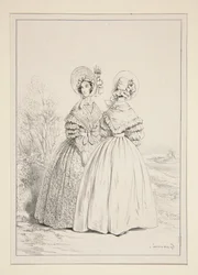 MAY 1837. Bonnet (sic) with drawstring and bouquet of violets; ...