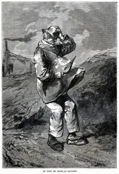 The month of March: representation of a man holding a bellows in one hand and his hat in the other, his clothes raised by the breath of the wind