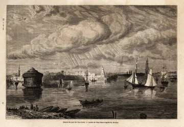 The entrance to the port of New York, drawing by Paul Huet, to illustrate the voyages to North America in 1854-1855, by L. Deville. Engraving in 