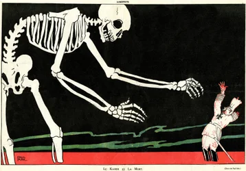 The Kaiser and Death. First World War 1914-1918: William II (1859-1941) in a Sea of Blood Threatened by a Skeleton. Cartoon Highlighting the Mechanistic and Mocking German Stupidity, Thus Supporting the Morale of the French During the War.