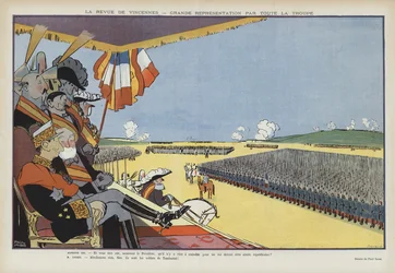 Visit of King Alfonso XIII of Spain to Paris: Military Parade at Vincennes (Illustration for Le Rire)