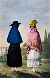 Mountain woman and plains woman, engraving by Paul Legrand, Colombia