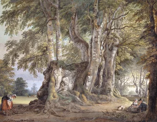 A Peasant Girl Gathering Twigs, and Figures Seated by the Bole of an Ancient Gnarled Beech Tree