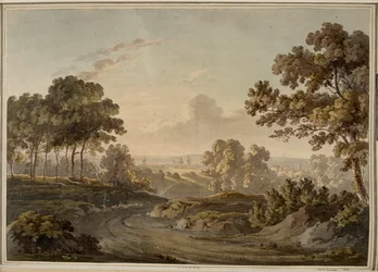 Oxford. Shepherd herding sheep on road toward Oxford, which is visible on the horizon lit by the glow of sunset.