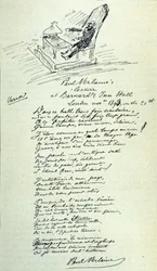 Poem sign of the French poet Paul Verlaine (1844-1896) with sketch of the representative during a reading. 21/11/1893