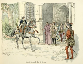 Illustration from the Book Histoire du Chevalier Bayard by Theodore Cahu, Illustrated by Paul De Semant: Bayard Age 11 Before the Duke of Savoy 1486