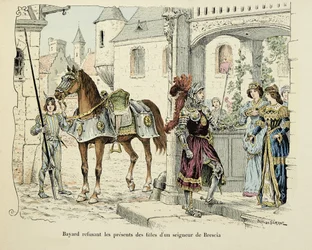Illustration taken from the book Histoire du chevalier Bayard by Theodore Cahu, illustrated by Paul De Semant: Bayard refusing the presents of the daughters of a lord of Brescia 1512