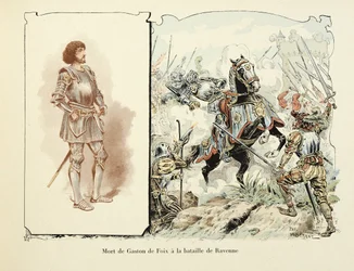 Illustration taken from the book Histoire du chevalier Bayard by Theodore Cahu, illustrated by Paul De Semant: Death of Gaston de Foix at the Battle of Ravenna