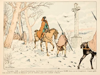 Illustration taken from the book Joan of Arc by Theodore Cahu and illustrated by Paul De Semant: November 1430 Jean de Luxembourg sells Joan of Arc to the King of England for 10,000 pounds; she leaves the castle of Beauvoir to be taken to