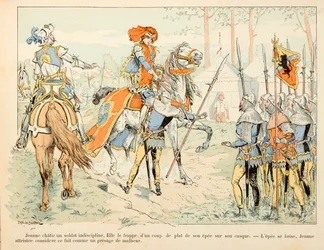 Illustration taken from the book “Joan of Arc” by Théodore Cahu and illustrated by Paul de Semant (1855-1915): Joan of Arc talks with an undisciplined soldier.