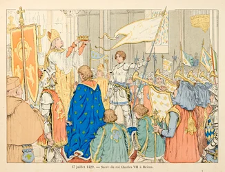 Illustration from the book “Joan of Arc” by Théodore Cahu, illustrated by Paul de Semant (1855-1915): Coronation of King Charles VII in Reims on July 17
