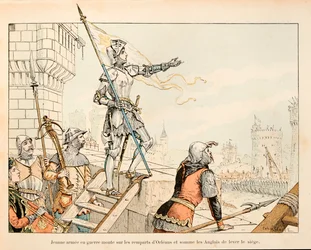 Illustration taken from the book Joan of Arc by Theodore Cahu and illustrated by Paul De Semant: Joan of Arc in armor on the city walls of Orleans summoned the English to raise the siege