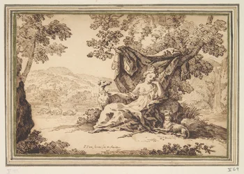 Woman with Two Dogs Seated in a Landscape