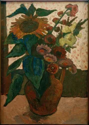 Still Life with Sunflower, Hollyhocks, and Dahlias