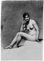 A seated female nude, her head turned to the right and a caricature study of her head