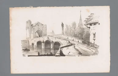 View of a Bridge with Gate, Church in the Background