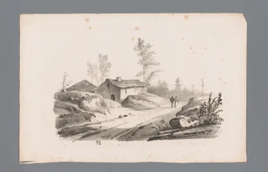 Heuvellandschap met landweg en huizen (series title)