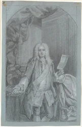 Portrait Study (Knee-Length) of a Standing Man with Right Arm on a Table with Helmet, and in Left Hand a Document. Order Ribbon with Elephant and a Star to the Left of the Ribbon (Blue Knight)