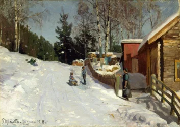 Playing Children on Snowy Village Street