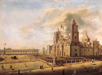 "The Metropolitan Cathedral and the National Palace in Mexico City". (1809-1857), circa 1840, National Museum of History, Mexico City, Mexico