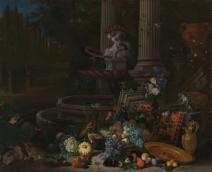 Still Life with Vegetables Before a Draped, Overturned Plinth by an Ornamental Fountain
