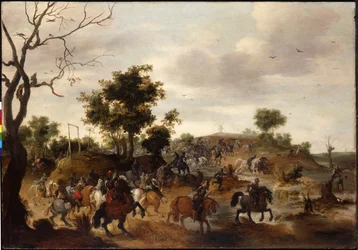 Landscape with a Cavalry Battle, Gallows and a Windmill Beyond