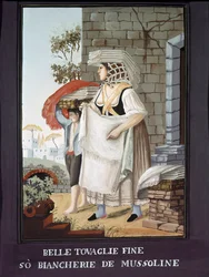 Neapolitan: a travelling seller of tablecloth and linen. Painting by Pelliccia 19th century Museo Nazionale di San Martino Naples