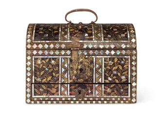 A rare lacquer casket with integral drawer, commissioned by the Portuguese