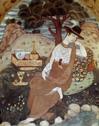A Persian princess under the rule of Abbas I, resting 17th century. Fresco from the Palace of the 40 Columns (Chehel Sotoun) in Isfahan, Iran.