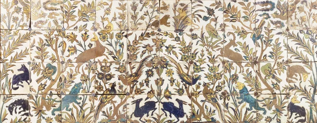 A Curda Seca Tile Panel, Comprising Four Rows of Ten Tiles, Painted with Vegetation Inhabited by Birds, Deer and Lions