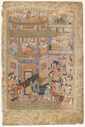 Ali lifts the gates of Qamus, from a Rawzat al-safa