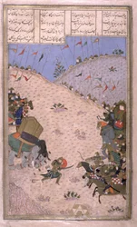Bahram Chubina, his Elephant Slain, Fights on Foot, illustration from the Shahnama (Book of Kings)