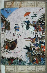 Battle between Isfandiyar and Arjasp, illustration from the 