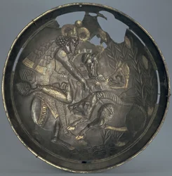Dish decorated with a scene of Prince Varahran out hunting, Sassanid dynasty (226-651)