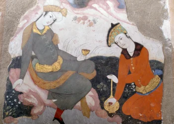 Female figures with glass and bottle