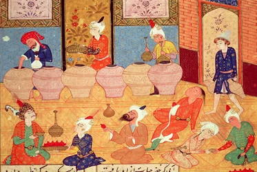 Detail of a banquet with musicians, from a book of poems by Hafiz Shirazi