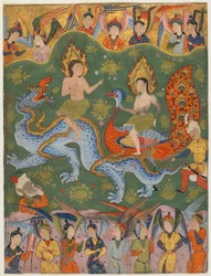 Folio from a Falnama (Book of Omens); Expulsion of Adam and Eve, Qazvin, Iran, Safavid period, mid 1550s