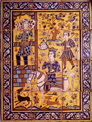 Gulendam is forgiven for a clumsy remark she made to Vahram V Gour (Evening-primrose), Sassanid king of Persia, carrying an ox on her shoulder. Panel of mosaic coating plates representing an episode of the 