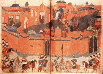 Mongols under the leadership of Hulagu Khan storming and capturing Baghdad in 1258, from a book by Rashid al-Din (1247-1318)