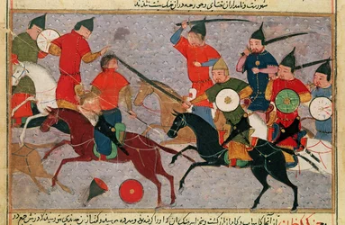Genghis Khan (c.1162-1227) in Battle, from a book by Rashid-al-Din (1247-1318)