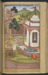 Candrahasa sacrificing himself at the temple of Candika by cutting off pieces of his own flesh and putting them on the fire (Qabil ibn Maqbul) from the 