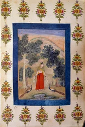 Lady with Two Flower Necklaces and Two Peacocks