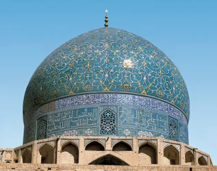 Persian architecture (Safavid): the dome of the Royal Mosque (or Masjid I-Shah): detail of the ceramics from the entrance. 1612-1630. Isfahan, Iran.